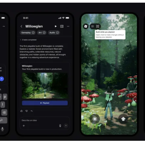 Tangkapan layar fitur Build di platform Roblox, menunjukkan perintah teks dari pengguna yang sedang diproses AI menjadi lingkungan gim 3D berwujud hutan.